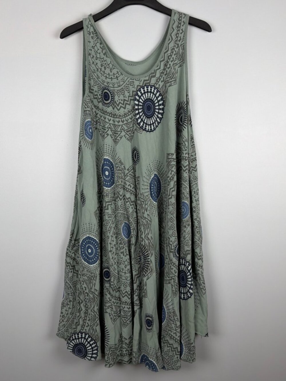 Bohemian Beach Dress Womens L Green Tribal Raw Hem Lagenlook Vacation Travel